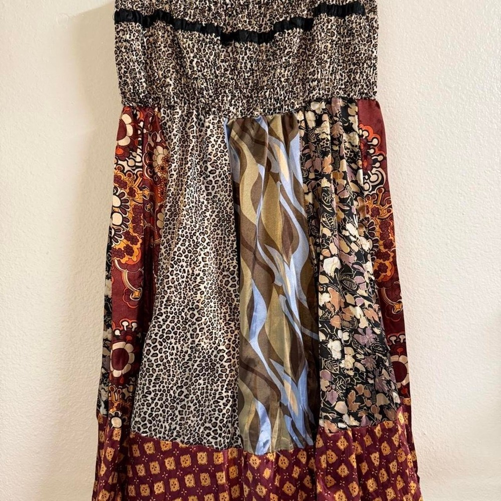 Fire Los Angeles Patchwork Skirt Womens L Brown Multi Silky Smocked Waist Y2K